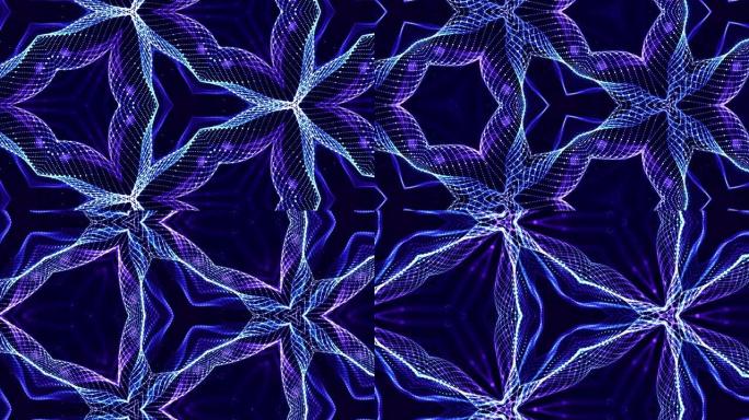 辉光粒子的复杂对称结构，如科幻bg。万花筒抽象主题。4k循环科幻3d背景与发光蓝色粒子形成线条、表面