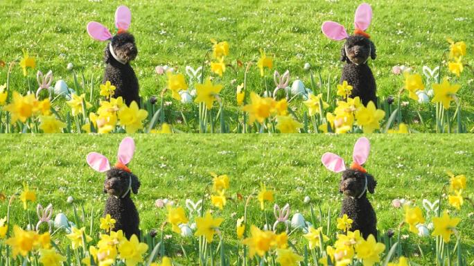 有趣的小狗 (狮子狗) 戴着复活节兔子耳朵