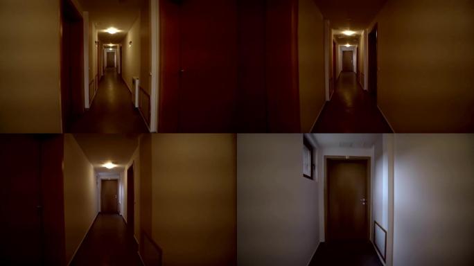 酒店可怕的恐怖走廊走廊，相机前往公寓门