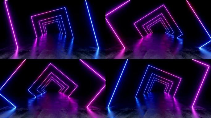 旋转环形矩形霓虹灯荧光复古激光发光二极管展示舞台充满活力的蓝紫色发光地下大厅垃圾混凝土光泽水泥车库隧