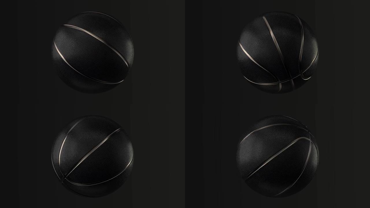 黑色篮球，深色背景上有金色金属线设计。未来主义体育概念。带点的近距离孤立球体。查看正面。4k 3D渲