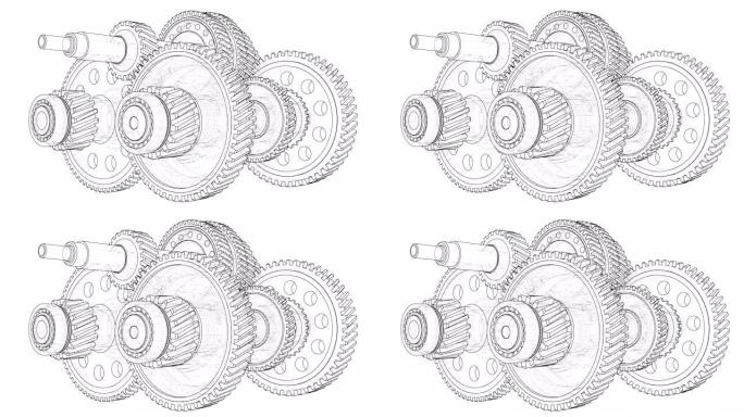 轮廓齿轮箱概念。3D插图视频