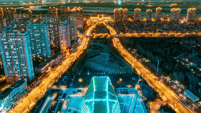 中国哈尔滨音乐厅夜景延时航拍
