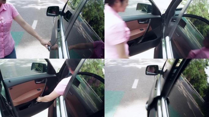 俯视图女人手打开车门。女性上车关门。女人坐在车里。女人打开汽车，坐在沙龙里。运输概念。