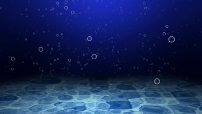 4K.水下深海太阳光像明亮的波浪一样照射在地面上。漂浮在海洋顶部的气泡。抽象液体运动。