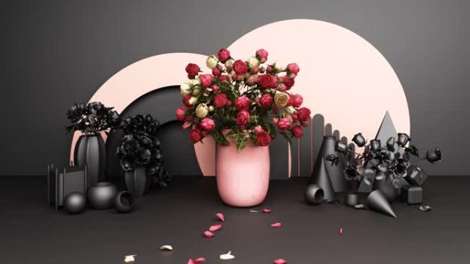 花瓶中的红玫瑰，具有粉红色和黑色色调的几何背景3d渲染