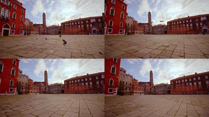 威尼斯市市中心广场在破旧的彩色建筑中