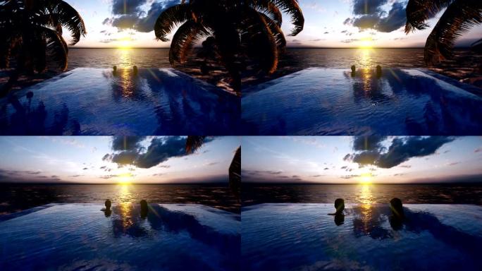 美丽的游泳池，日落时沐浴着男人和女人，在一个失落的热带岛屿上。逼真的3D动画。