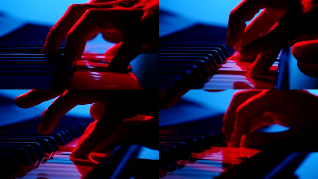 两只手在彩色钢琴上弹奏多莉镜头