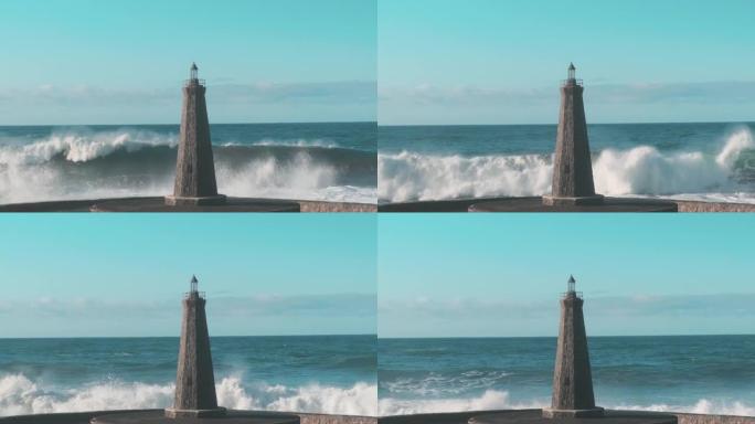 慢动作强烈的海浪撞击着公海中的一座孤独的灯塔