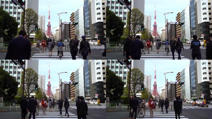 在日本东京市，慢动作的人走过马路