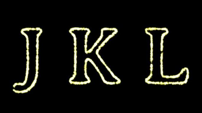 英文字母 “J K L” 的字母出现在中间，一段时间后消失。抽象孤立的字母形式的模糊假日彩色灯光。