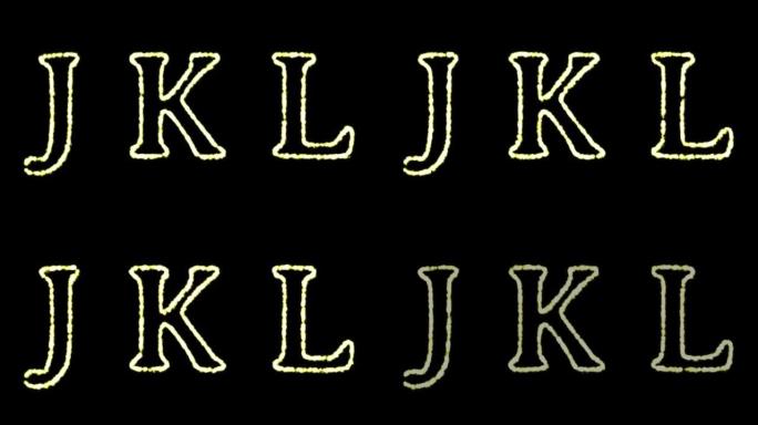 英文字母 “J K L” 的字母出现在中间，一段时间后消失。抽象孤立的字母形式的模糊假日彩色灯光。