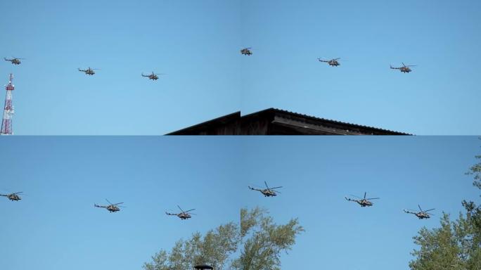 蓝天无云，武装直升机群飞翔