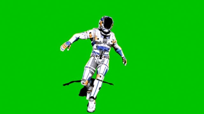 宇航员-未来的士兵，在绿屏前跳舞。循环逼真的动画。