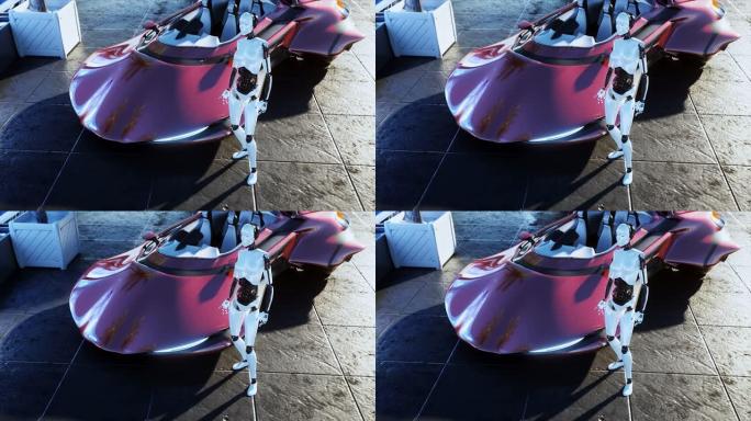 女性机器人和未来主义的飞行汽车。云层上的未来城市车站。逼真的4k动画。