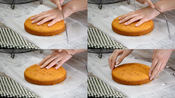 糕点厨师将海绵蛋糕切成层。蛋糕生产流程