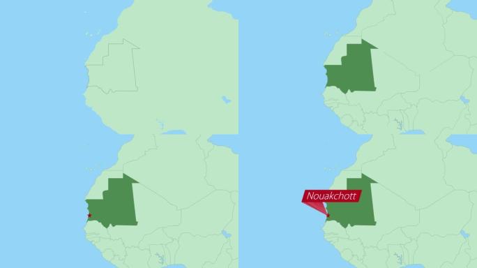 毛里塔尼亚地图，带有国家首都的pin。