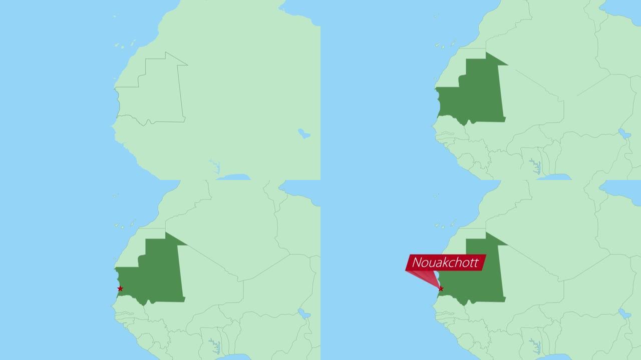 毛里塔尼亚地图，带有国家首都的pin。