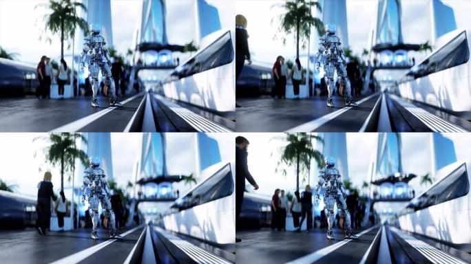 科幻铁路未来派车站。未来概念。Dinamyc树。人和机器人交通。鸟瞰图逼真4k动画
