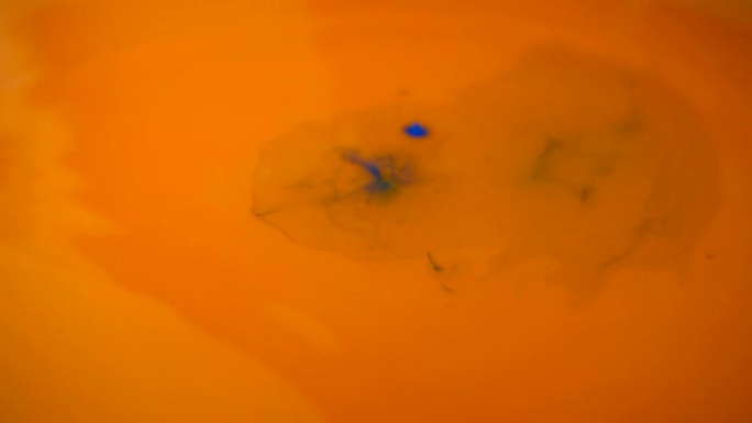 橙色油漆背景的微距摄影。蓝色油漆在慢动作中滴在橙色油漆上。