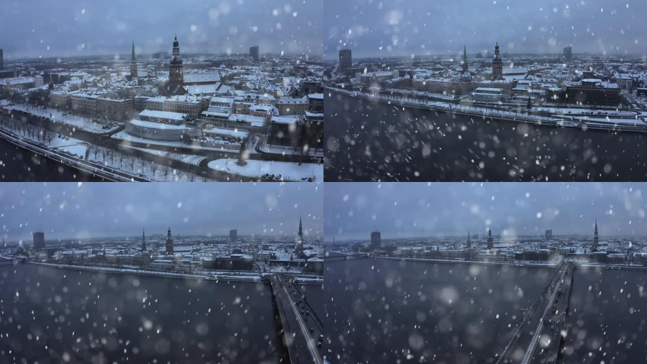 冬季里加老城被雪覆盖的全景鸟瞰图。圆顶大教堂从上面看。