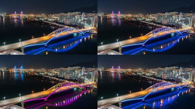 韩国釜山七彩桥之夜城市景观全景，永道区城市景观与豪华摩天大楼