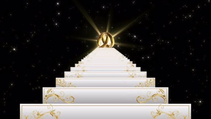 婚礼白色楼梯。爬上光和金环。带有金饰的台阶。
