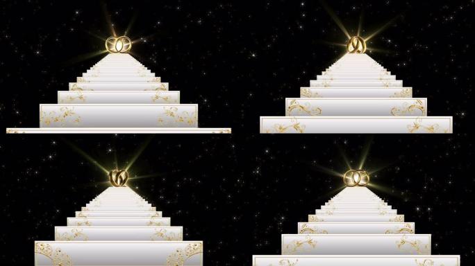 婚礼白色楼梯。爬上光和金环。带有金饰的台阶。