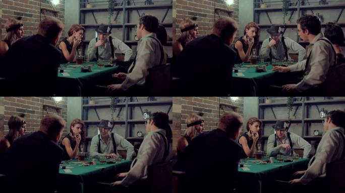 男人下赌注，想着下一场比赛。漂亮女人玩扑克，放松。