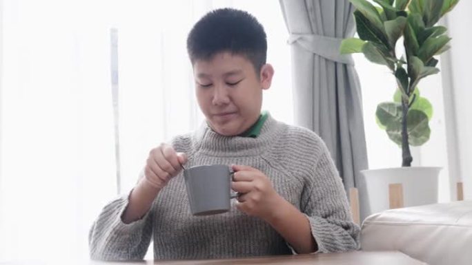 亚洲男孩穿着灰色毛衣，在杯子里喝热巧克力，在家坐在窗户附近，生活方式概念。