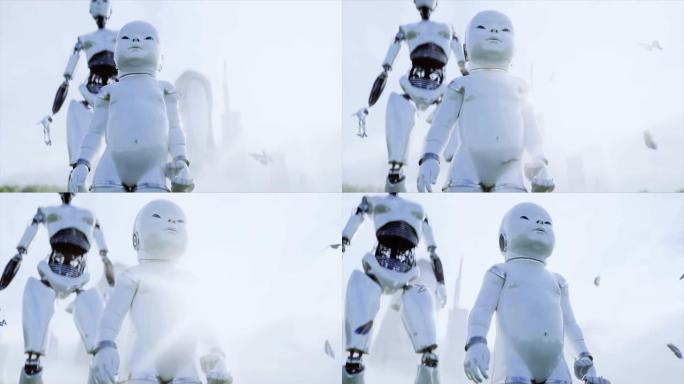 母亲机器人和她的婴儿机器人在一个未来城市的背景下的草地上。未来的家庭。机器人家庭。未来概念。逼真的4