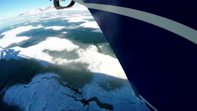 4k: 斯瓦尔巴群岛北海破冰帆船的特写镜头