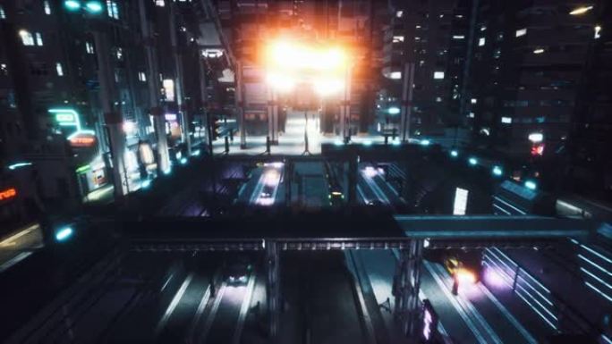 一辆飞行的汽车飞过未来的未来之城。小说、网络和科幻背景的动画。未来城市的景色。