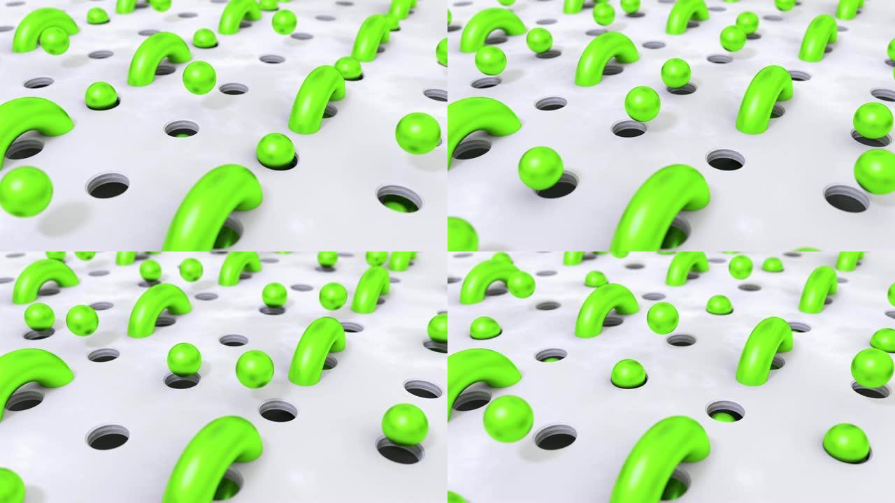 抽象绿色背景3D形状球在孔中飞行。4k动画循环镜头。