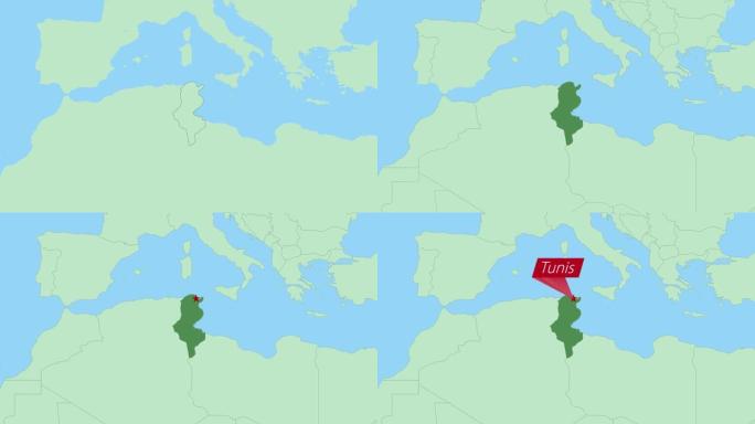 突尼斯地图与国家首都的pin。