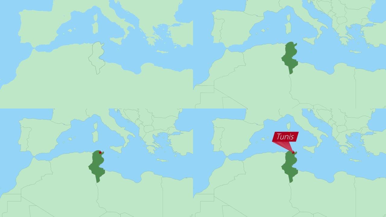 突尼斯地图与国家首都的pin。