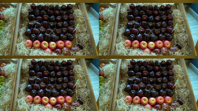 木盒子里的深红色苹果。有机食品商店