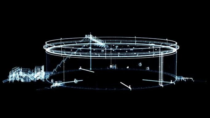 由发光线和点组成的储油罐。3d插图视频