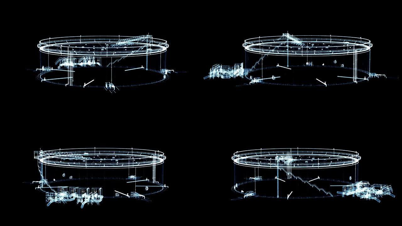 由发光线和点组成的储油罐。3d插图视频