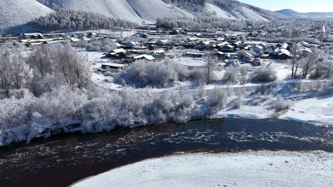 航拍早春大兴安岭雪村