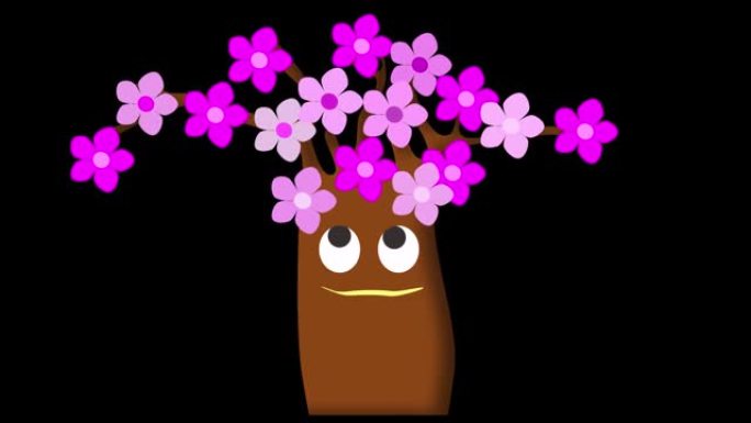 卡通微笑的树，眼睛和摇曳和盛开的花朵。图标。动画。