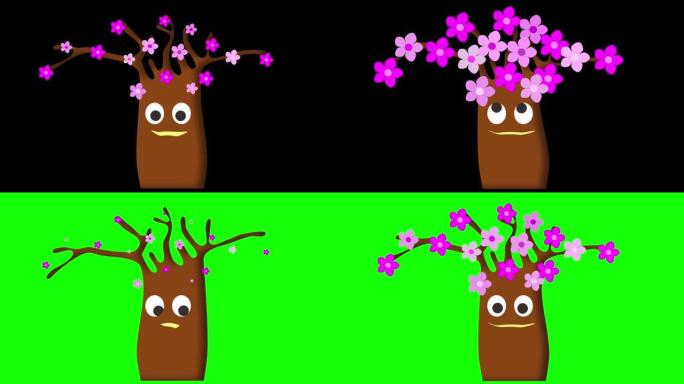 卡通微笑的树，眼睛和摇曳和盛开的花朵。图标。动画。