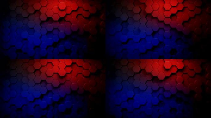 美丽的渐变颜色红色到蓝色六边形表面变形与无缝3d动画中的强照明，抽象运动设计背景4k视频