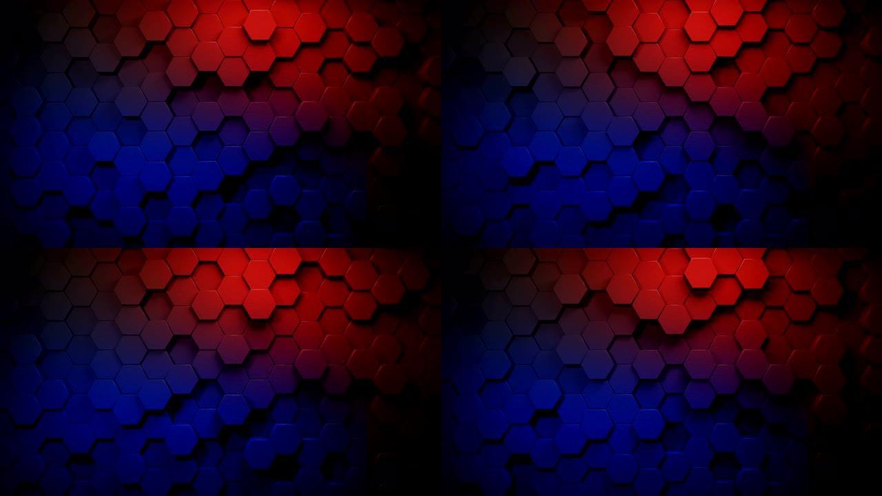 美丽的渐变颜色红色到蓝色六边形表面变形与无缝3d动画中的强照明，抽象运动设计背景4k视频