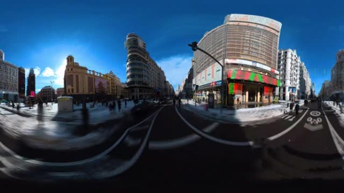 gran via madrid hyperlapse与雪的equir矩形360视频