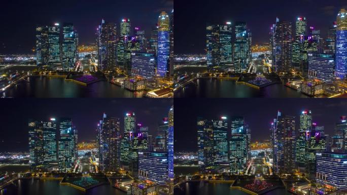 夜间照明新加坡市市中心海湾航空全景4k延时