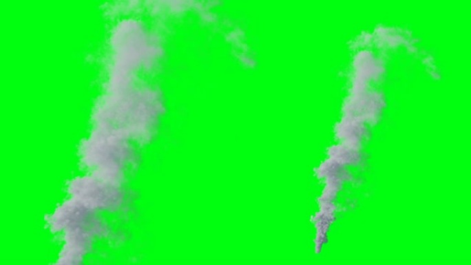 绿色屏幕4k上的白色烟羽隔离。逼真的烟雾模拟。