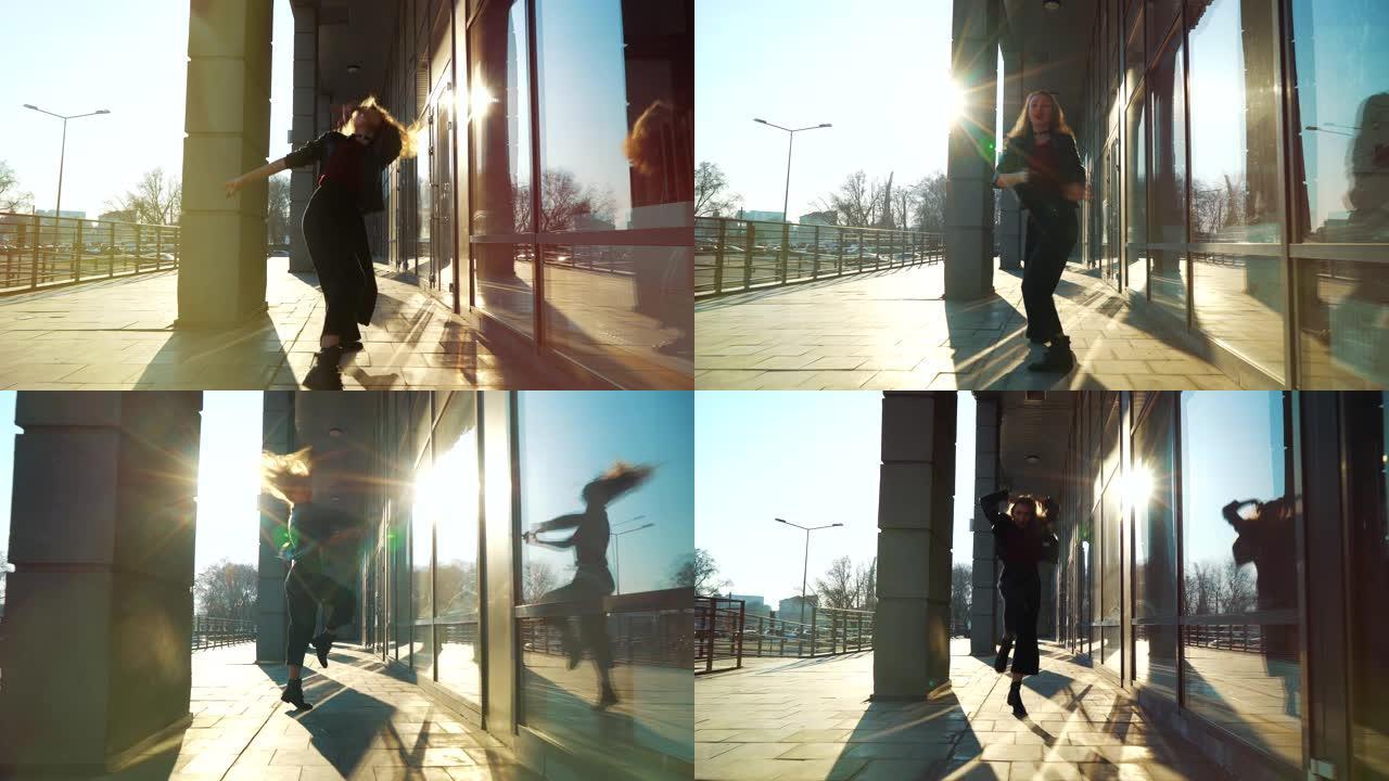 镜头耀斑效果，女性在城市街道上表演当代舞蹈