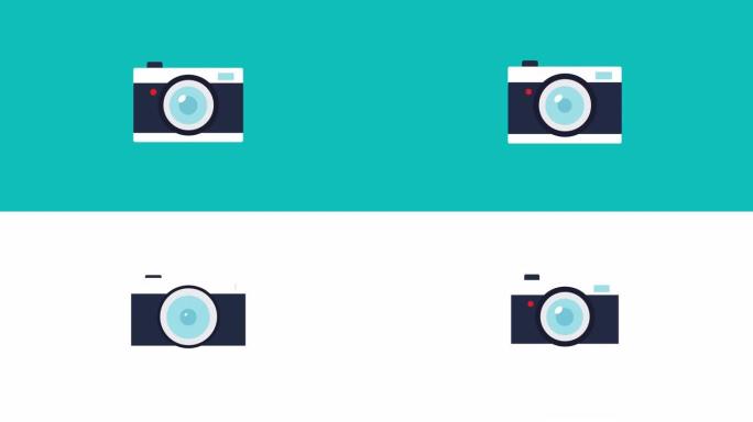 相机在平面动画alpha通道中使用闪光灯拍摄照片。弹出现代相机图标。